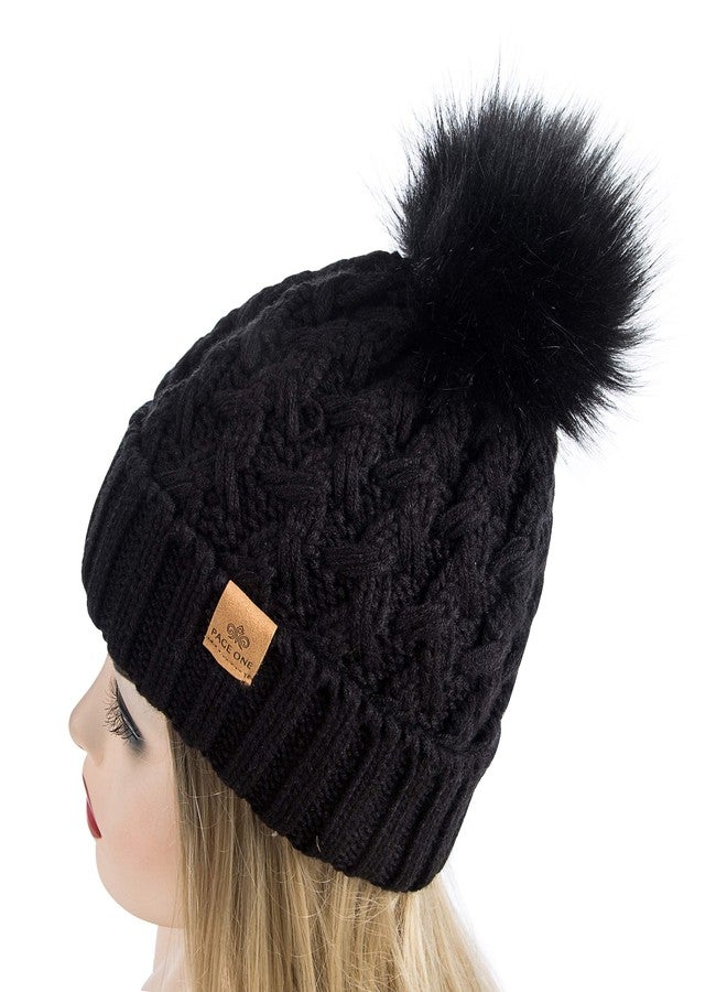 PAGE ONE Womens Winter Ribbed Beanie Crossed Cap Chunky Cable Knit Pompom Soft Warm Hat Black - Image 3